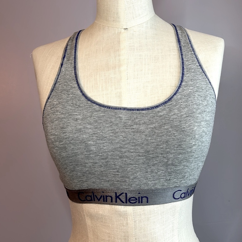 Calvin Klein heather gray blue trim racer back unlined bralette with logo band